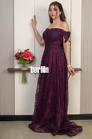 فستان سهرة دانتيل مزين بتطريز ناعم بلون برغندي داك...