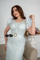 فستان سهرة طويل تل مطرز بستايل أكمام بف منفوخ لون...