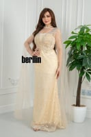 فستان سهره شامبانيا مرصع بنجوم نجمي بكاب تول شفاف...