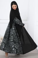 عباية سوداء جاكار ورد زيتي من الخلف