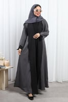عباية دبل فيس أسود ورمادي أكمام مفتوحة