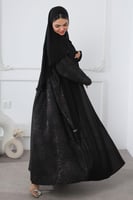 عباية سوداء جاكار أغصان بنفسجي لمعة ناعمة