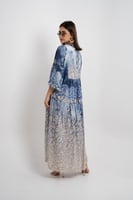 فستان ملمس قطني بتموجات زرقاء طويل