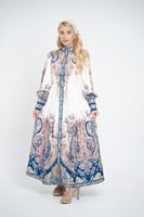 فستان طويل بنقوش عرقية فاخرة - ابيض و كحلي