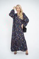 فستان ملمس قطني ازرق و نقش احمر طويل 2025