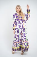 فستان ملمس قطني بالون الابيض و التموجات الموف طويل...