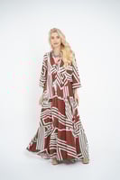 فستان ملمس قطني بالون البني و الخطوط الخضراء طويل...