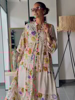 فستان ملمس قطني بالون البيج بنقش الورد