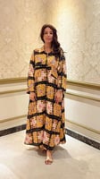فستان مربعات كلاسيك أسود وذهبي قطن بتصميم مميز