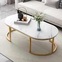 طاولة قهوة معدن وخشب رخامي مودرن لون ذهبي وابيض