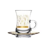 طقم كاسات شاي بيد مذهب مع صحن زجاجي بزخرفة انيقة م...