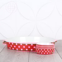 صينية فطور بغطاء, طقم إفطار أحمر منقط بالأبيض - صي...