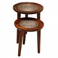 طقم 2 طاولات خدمة خشبية مطعمة بالنحاس الفضي