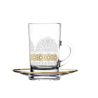 طقم كاسات شاي بيد مذهب فضي مع صحن زجاجي بزخرفة هند...