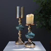 شمعدان بغطاء زجاجي - ذهبي وازرق - بمقاسين