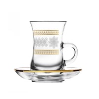 طقم كاسات شاي بيد مذهب فضي مع صحن زجاجي بزخرفة هند...