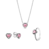 طقم باندورا فضي قلب وردي