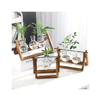 ديكور - وعاء زجاجي لسطح المكتب مع حامل خشبي