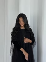 عباية مخمل اسود نص كلوش مع تل منقط مخمل عنابي