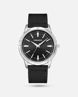 ساعة رجالية بحزام قماش بلون أسود إطار فضي