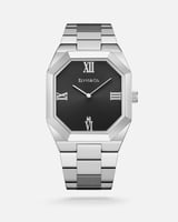 ساعة رجالية بسير ستانليس ستيل فضي اسود