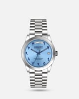 ساعة تاريخ ويوم عربي بحزام ستيل بلون فضي ميناء سما...