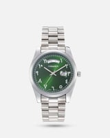 ساعة تاريخ ويوم عربي بحزام ستيل بلون فضي ميناء أخض...