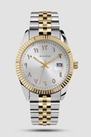 ساعة رجالية كلاسيك بارقام عربية ذهبي وفضي ميناء أب...