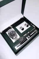 طقم ساعة رجالية أسود منسقة مع قلم وكبك ومسبحة