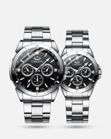 طقم ساعات الزوجين رجالية ونسائية باللون الفضي والأ...