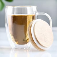 كوب طبقتين زجاج شفاف بمقبض وغطاء خشب 350 مل