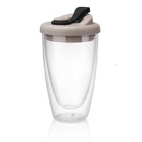 كوب شفاف طبقتين زجاج بغطاء بلاستيك رمادي/أسود 450...