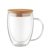 كوب طبقتين زجاج شفاف بمقبض وغطاء خشب 350 مل