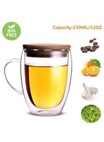 كوب طبقتين زجاج شفاف بمقبض وغطاء خشب 350 مل