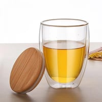 كوب طبقتين زجاج شفاف بغطاء خشب الخيزران 350 مل
