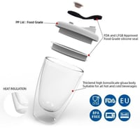 كوب شفاف طبقتين زجاج بغطاء بلاستيك رمادي/أسود 450...