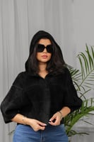 معطف شتوي قصير فرو بأكمام متوسطة الطول وقبعة