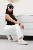 بنطال كاجوال نسائي بأرجل واسعة وخصر مرتفع مزين بخط