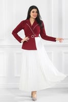 فستان كاجوال فلو لونين بكسرات بأكمام طويلة وحزام ع...