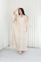 جلابية قماش بطول يصل للكاحل بأكمام واسعة وياقة V م...