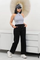 بنطال كاجوال نسائي بأرجل واسعة وخصر مرتفع مزين بخط