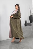 عباية كتان زيتي مع لون زهري لمعه قلاب كوت لف