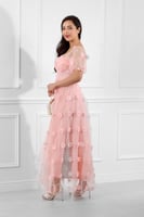 فستان كاجوال طويل منفوش بأكمام شيفون قصيرة مزين با...