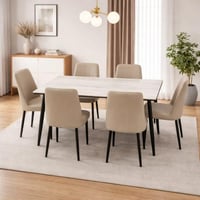 طاولة طعام سيراميك لون بيج بنقش رخامي مع 6 كراسي ج...