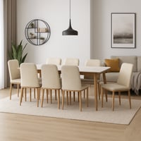 طقم سفرة رخام مع 8 كراسي جلد مخملي مبطنة-بيج