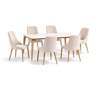 طقم طاولة طعام بسطح رخام وأرجل معدن مع 6 كراسي مبط...