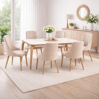 طقم طاولة طعام بسطح رخام وأرجل معدن مع 6 كراسي مبط...