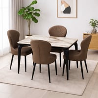 طقم طاولة طعام بني رخامي فاخر مع 4 كراسي جلد