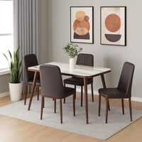 طاولة طعام رخام مع 4 كراسي جلد مخملي مبطن-كوفي