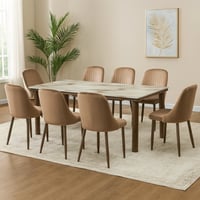 طقم سفرة رخام فاخر 8 كراسي مخملية وأرجل معدنية-بني